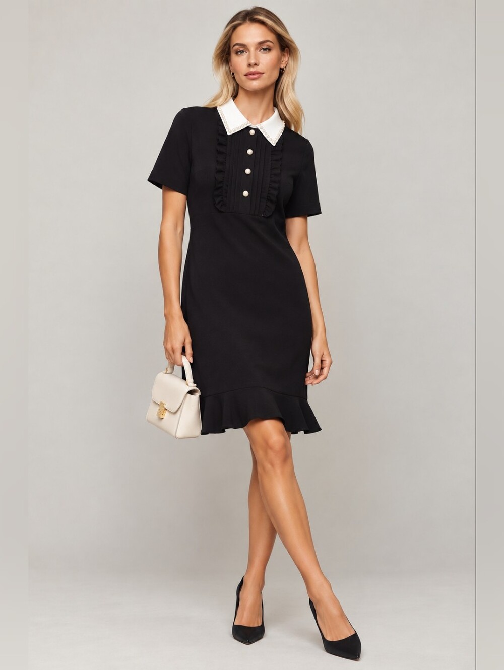 Karl Lagerfeld Paris Black Pearl Collar Ruffle Shift Dress Size 12